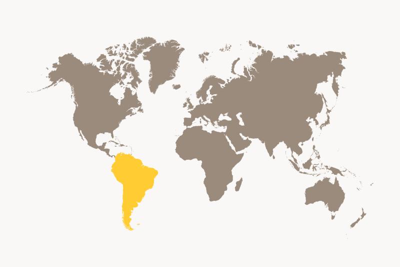 A world map where South America is highlighted