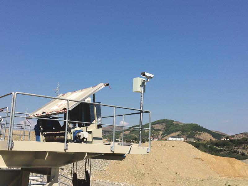 Axis Network Camera in outdoor environment, blue sky in the background.