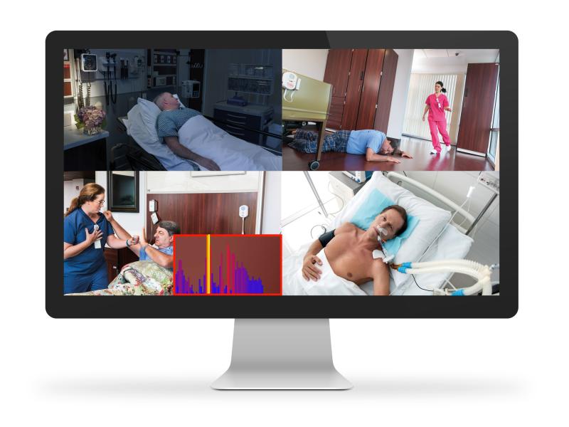 Healthcare surveillance on computer screen, showing four different rooms with ill people.