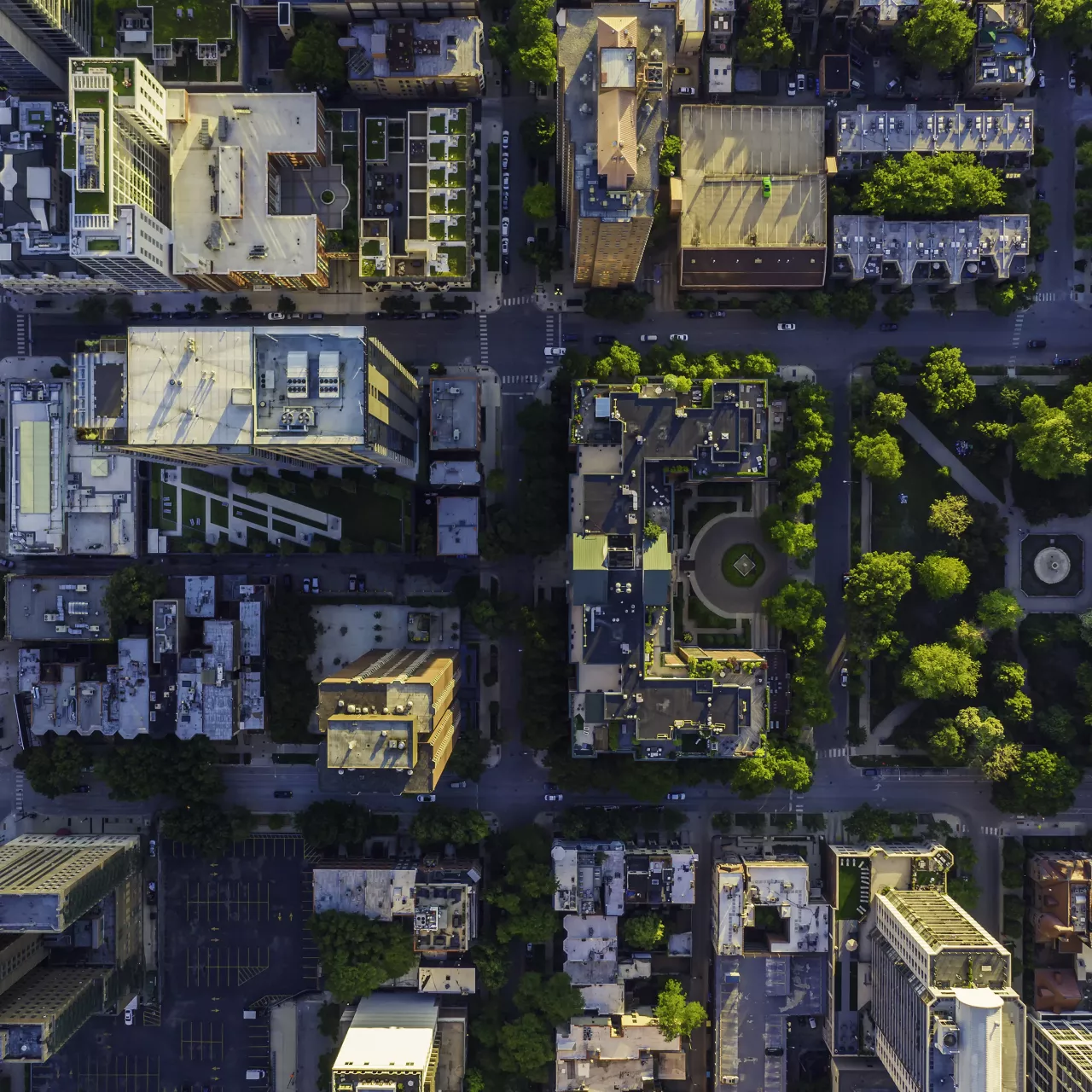 Bird eye view of the city where you can see different buildings as well as a green park.