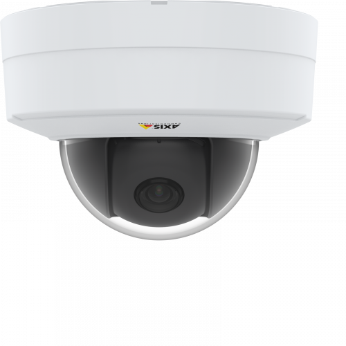 A AXIS P3245 V IP Camera possui zoom e foco remotos. A câmera é vista pela frente do teto.