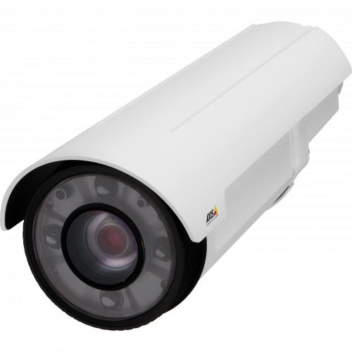 AXIS Q17-65-LE PT Mount is a bullet-style camera for outdoor use with Optimized IR. The camera is viewed from its left.