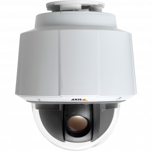 IP Camera AXIS Q6045 has Shock detection and power over ethernet plus (IEEE 802.3at). Viewed from it´s front