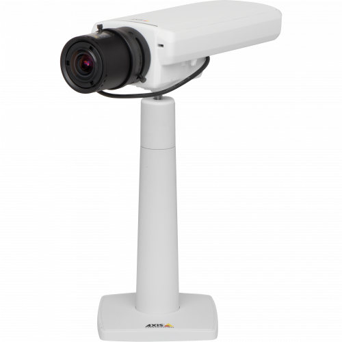 AXIS P1357 is an IP camera with digital PTZ and multi-view streaming. The camera is viewed from its left. 