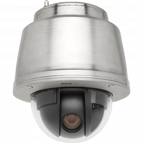 IP Camera AXIS Q6044-S has SFP slots for fiber, RJ45 connections and casing for pressurized nitrogen. Viewed from front.