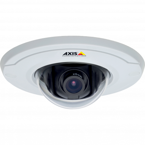 AXIS M3014 is a fixed dome IP camera with an ultra-discreet design. The camera is viewed from its front. 