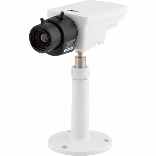 IP Camera AXIS M1113 has varifocal DC-iris lens and power over ethernet. The camera is viewed from it´s left.