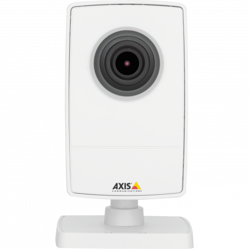 AXIS M1025 is a small network camera with HDMI™ and edge storage. The camera is viewed from its front.