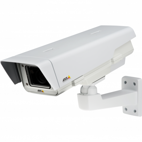 AXIS P1357-E is an outdoor-ready IP camera with P-Iris control. The camera is viewed from its left. 