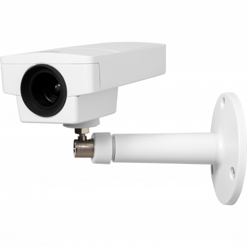 AXIS M1145 is an IP camera in compact design with day and night functionality. The camera is viewed from its left.
