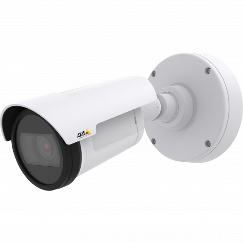 AXIS P1427-LE is a compact bullet camera for outdoor use with built-in IR. The camera is viewed from its left. 
