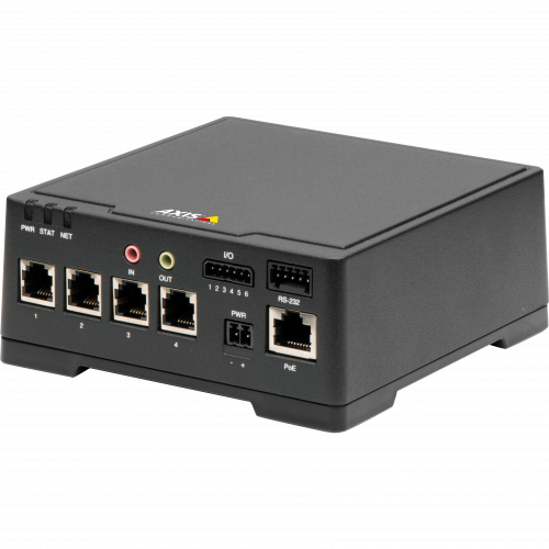 AXIS F44 Main Unit has two-way audio, input/output ports and two SD card slots. The unit is viewed from its left angle. 