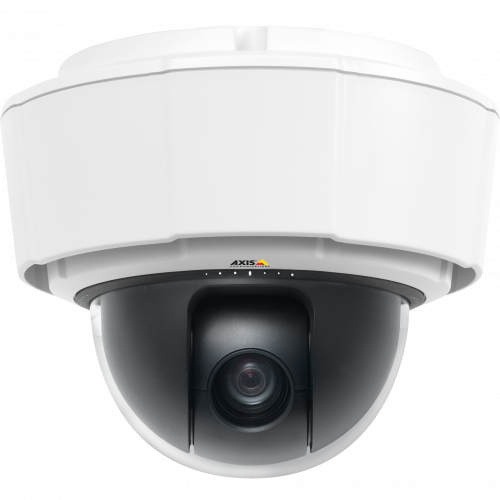 AXIS P5514-E PTZ is an outdoor-ready IP camera in compact design. The camera is viewed from its front.