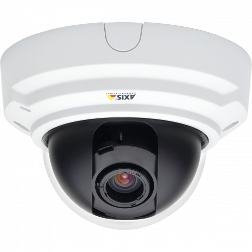 AXIS P3343-V is an indoor vandal-resistant fixed dome with remote focus and easy installation. Here shown from its front 