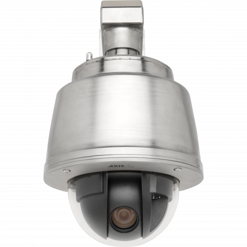 AXIS Q6045-S Mk II PTZ is an IP camera in stainless steel with HDTV 1080p. The camera is viewed from its front. 