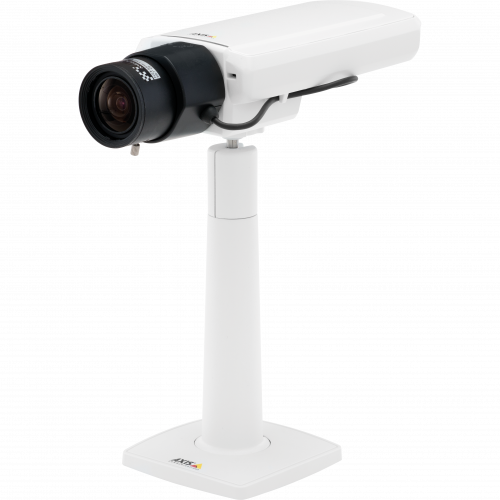 AXIS P1364 is an IP camera in white color that has Lightfinder and WDR. The product is viewed from its left angle.