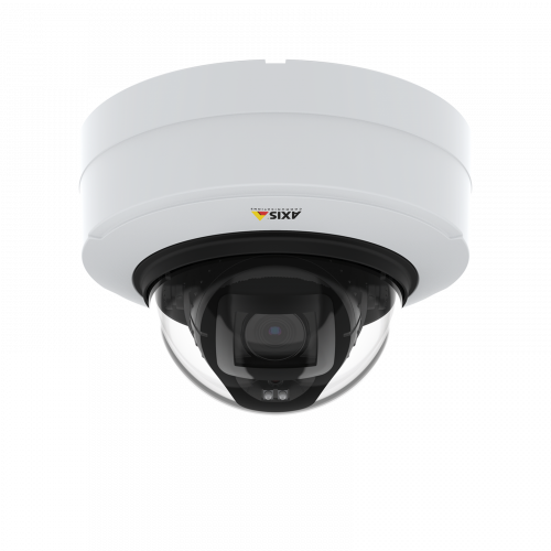 Caméra IP AXIS P3247-LV blanche, vue de face.