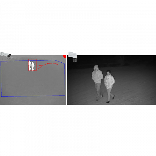 Dwa czarno-szare zdjęcia dwóch spacerujących osób. Dwie kamery ustawione pod kątem z prawej strony.