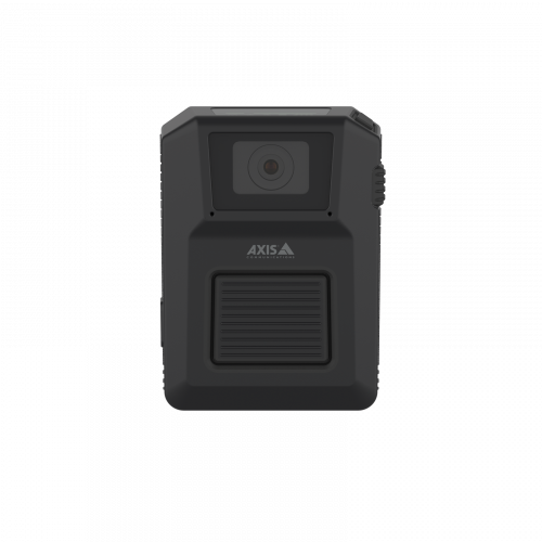 AXIS W101 Body Worn Camera in schwarzer Farbe, von vorne gesehen