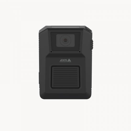 AXIS W101 Body Worn Camera in schwarzer Farbe, von vorne gesehen