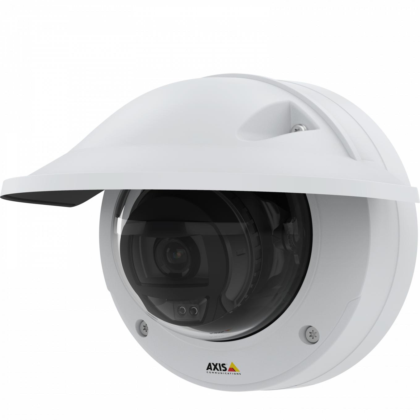 Kamera IP Camera AXIS p3245 lve hat HDTV 1080p Videoqualität. Die Kamera wird von links betrachtet und hat einen Wetterschutz.