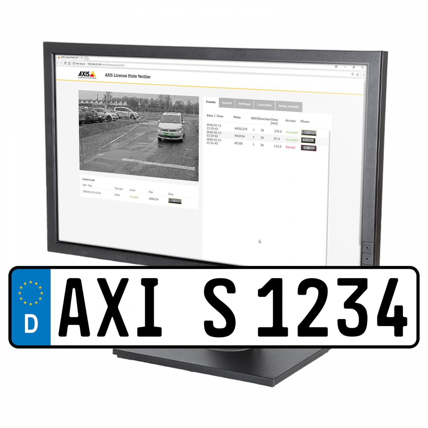 Un collage di una targa e una schermata raffigurante il monitor di un computer con AXIS License Plate Verifier
