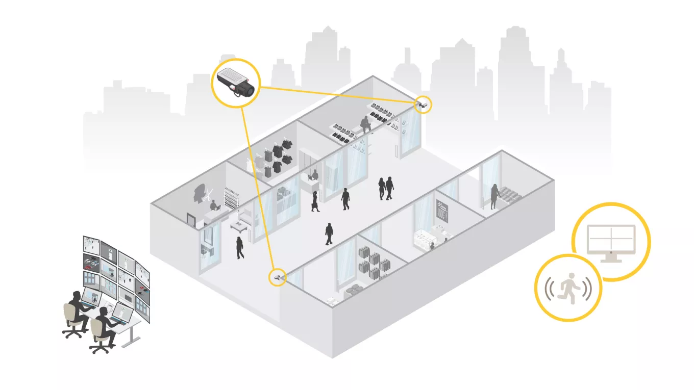 Illustration of a hallway with cameras and a control room with figures looking at footage. 