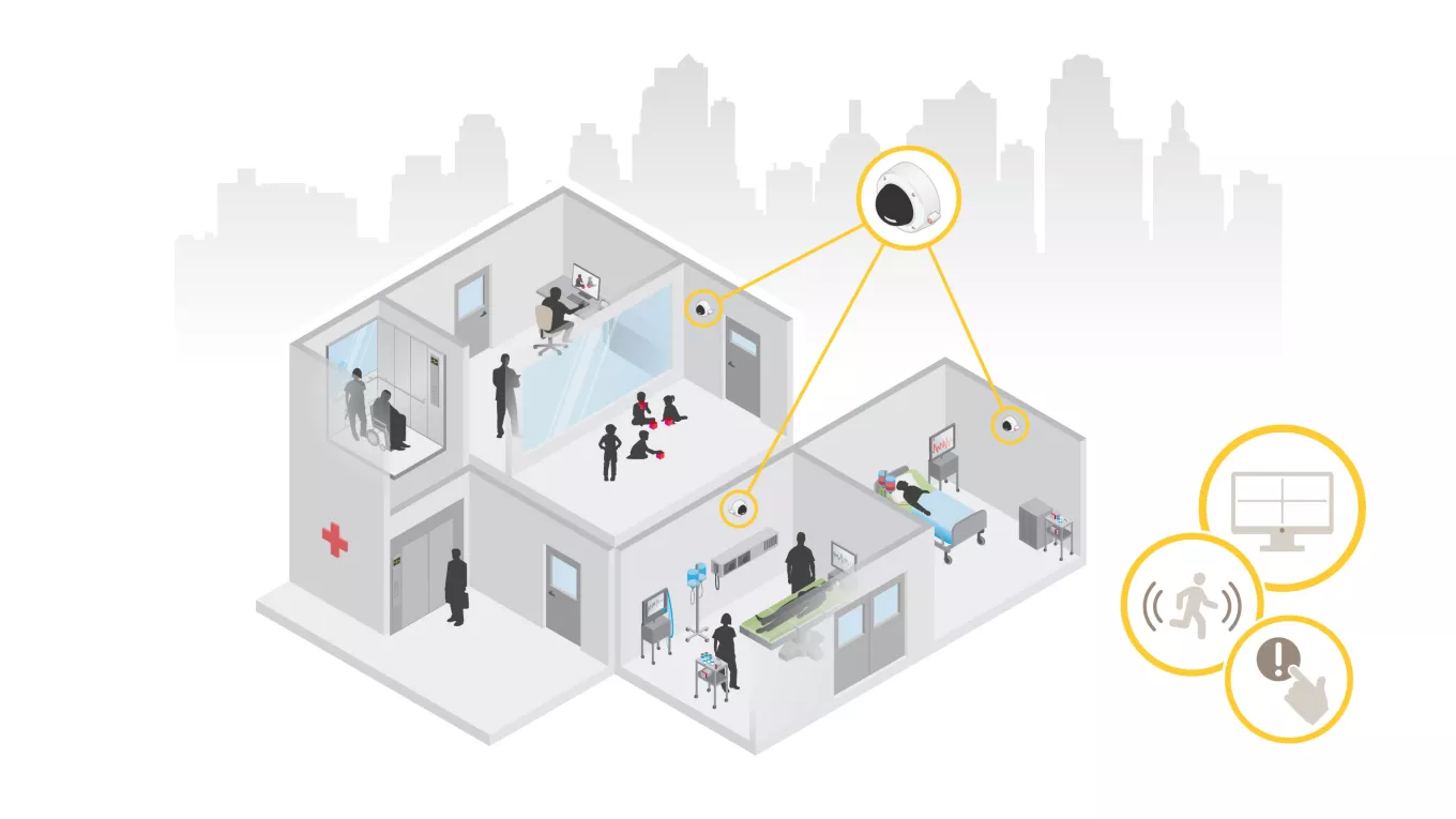 Illustration of a hospital and cameras on the walls.