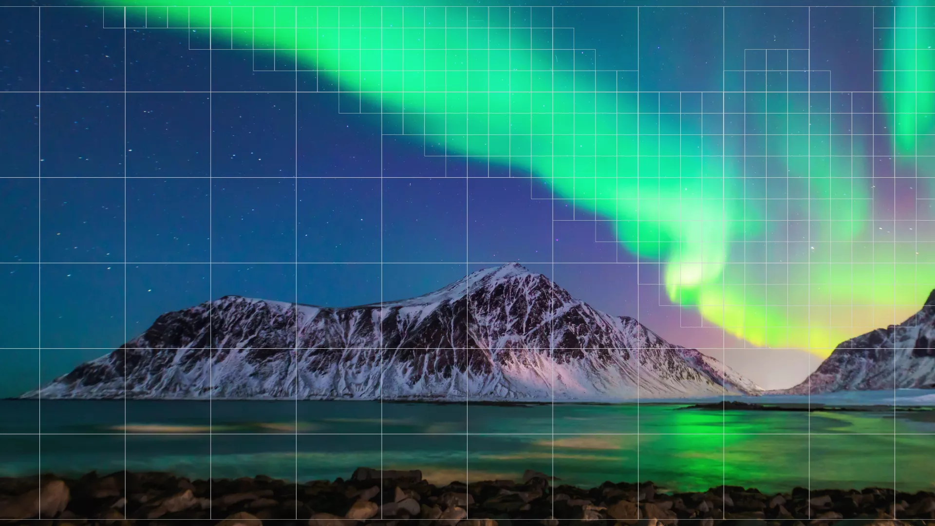 Sea with a big mountain on the horizon. Northern lights in the sky