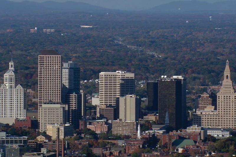 City skyline with skyscrapers and big park in background.