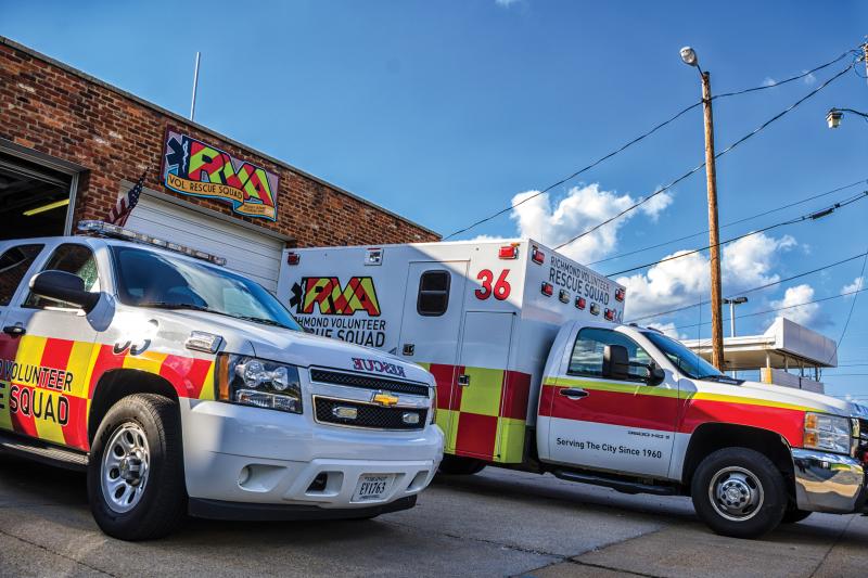 Two trucks from Richmond rescue squad, viewed from their right angle.