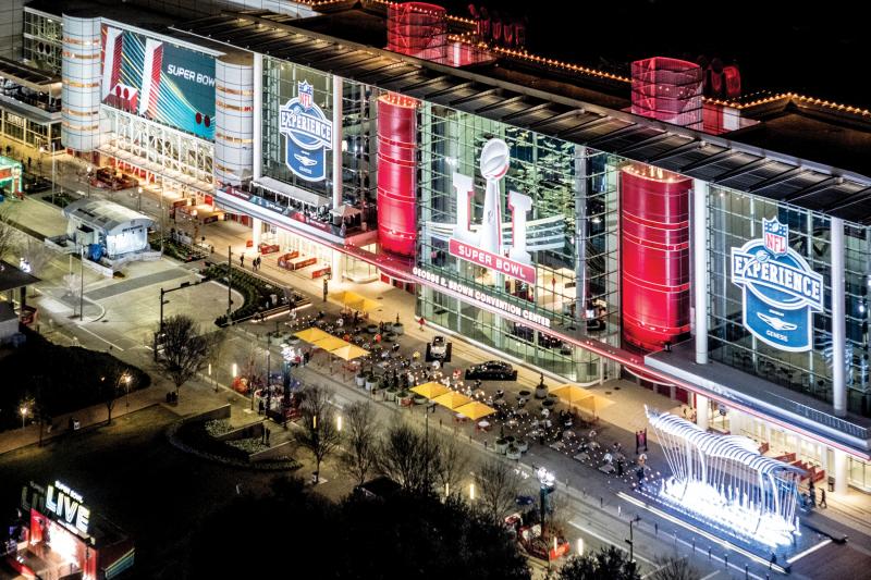 Entrance to Super Bowl Arena by night
