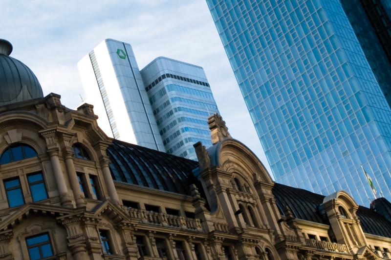 Cityscape of both old and new bank building