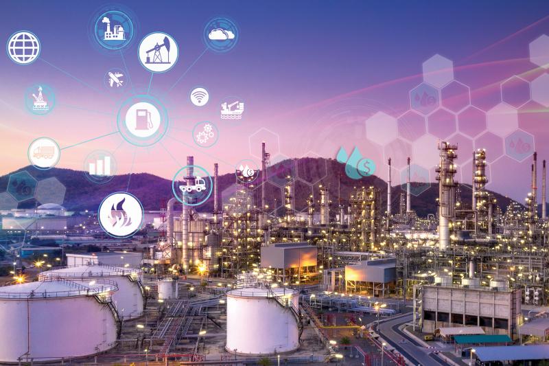 Gas oil refinery system with purple icons and a hexagon pattern above the picture