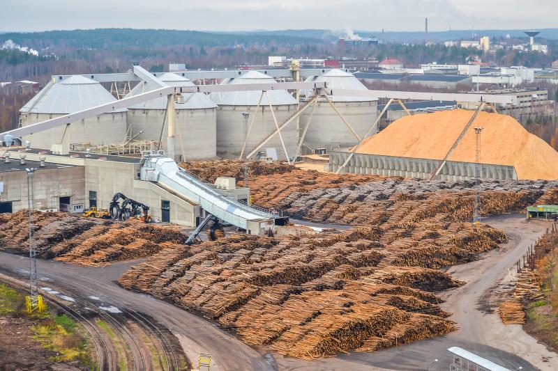 Paper pulp plant with wood logs and silos