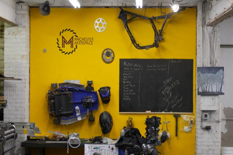 Yellow wall in Manchester Makerspace