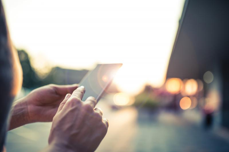 Hands holding smartphone in sunlight
