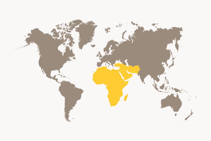 A world map where Africa and Middle East is highlighted
