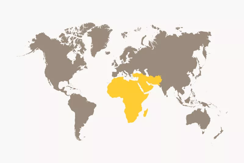 A world map where Africa and Middle East is highlighted