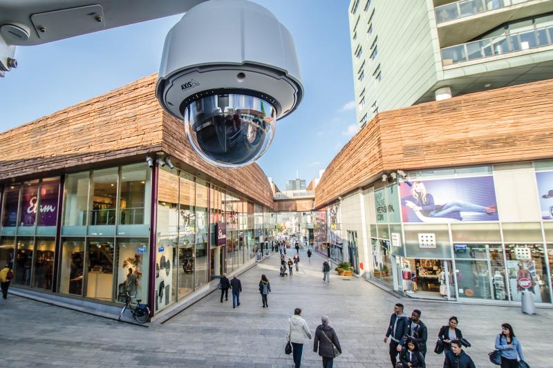 Shopping street in Almere, with an Axis camera in front