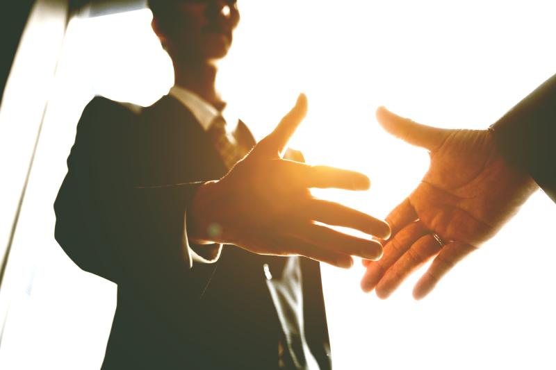 two people shaking hands, sunlight coming through the windows