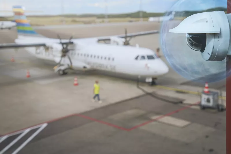 AXIS Q3536-LVE Dome Camera installed at airport with cybersecurity sphere