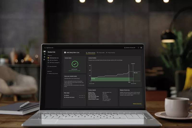 laptop on a table showing axis license manager graphical user interface