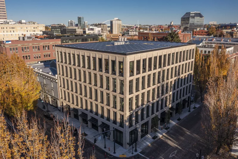 Aerial photo of PAE Living Building in Portland Oregon