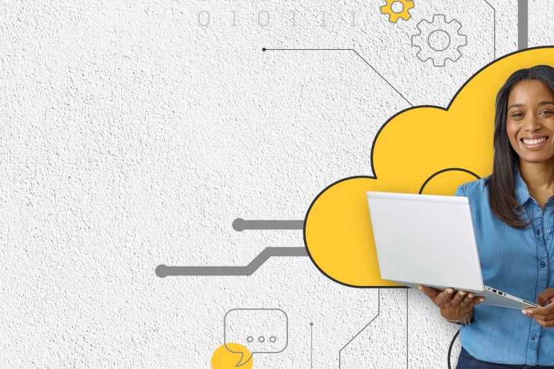 woman holding a laptop, beside a man holding a camera, behind a wall with yellow cloud illustration