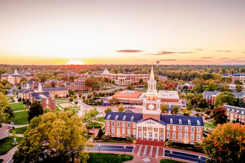 Aerial photo of High Point University campus taken at sunset