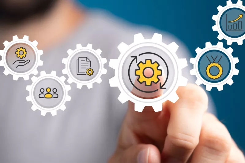 Icons showing different service solutions on a blue background.