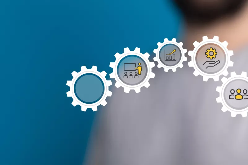 Icons showing different service solutions on a blue background.