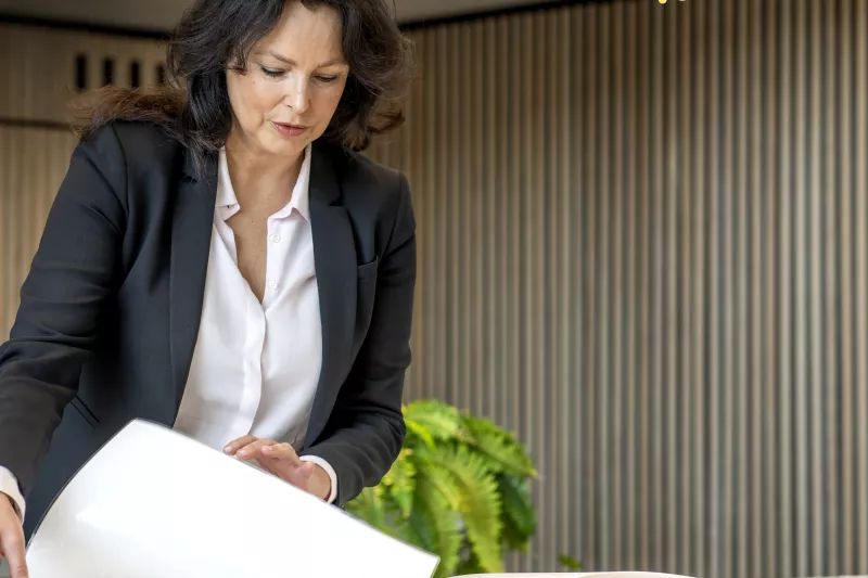Woman in a recpetion with audio analytics used conceptually.