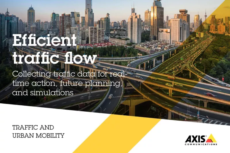 Efficient traffic flow in a modern city with smart road infrastructure, highlighting Axis Communications’ intelligent traffic solutions for real-time data collection, urban mobility, and future traffic planning.